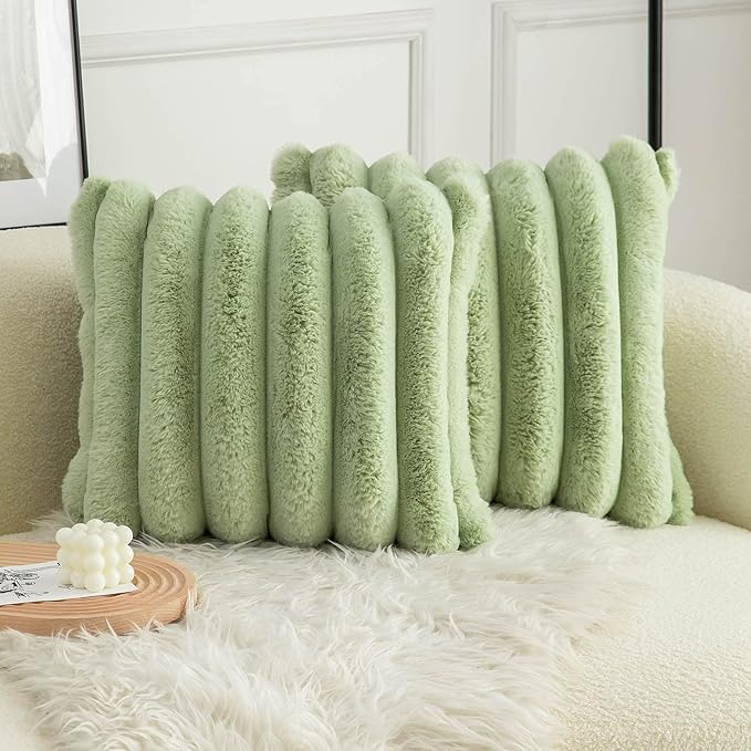 Neelvin Green Faux Fur Cozy Soft Striped Decorative Throw Pillow Covers 20x20 inch Set of 2,Velvet Pillowcase Cushion Case for Sofa Couch