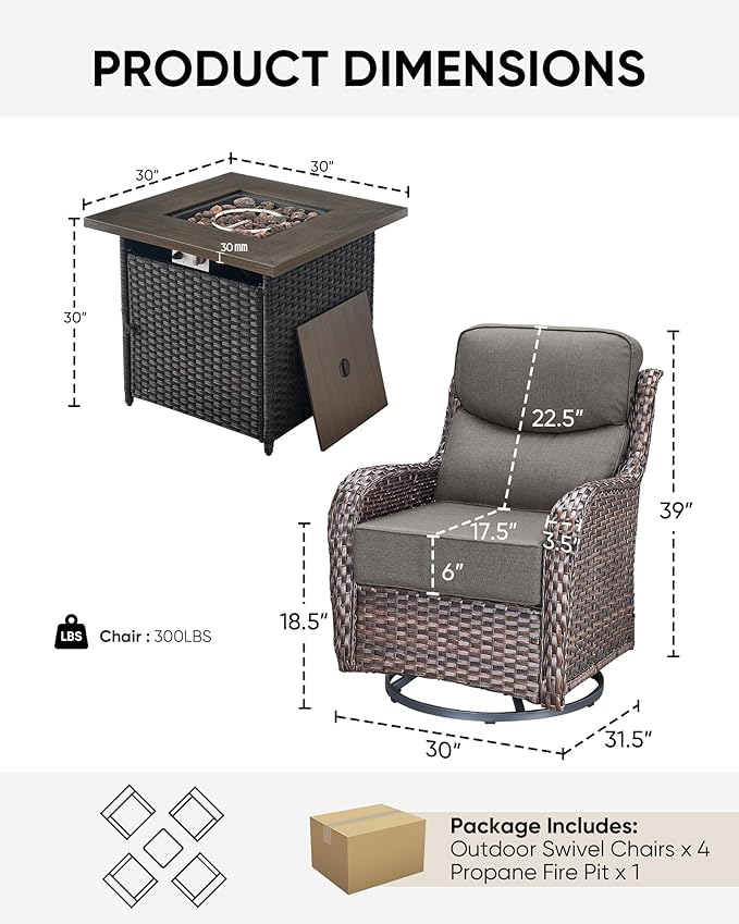 HUMMUH Wicker Patio Furniture Set with Patio Swivel Chairs Set of 4 and 50,000 BTU Fire Pit Table,6 Inch Thick Cushions High Back Outdoor Swivel Rocker Chairs Set for Porch, Balcony, Deck
