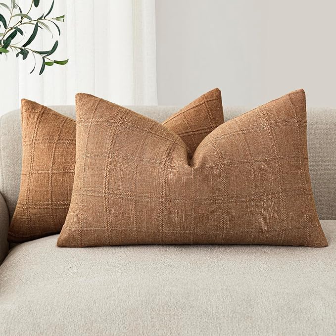 Foindtower Set of 2 Decorative Linen Check Throw Pillow Covers Neutral Farmhouse Lumbar Cushion Covers Modern Boho Home Decor for Sofa Chair Couch Bedroom Living Room,12×20 Inch,Brick