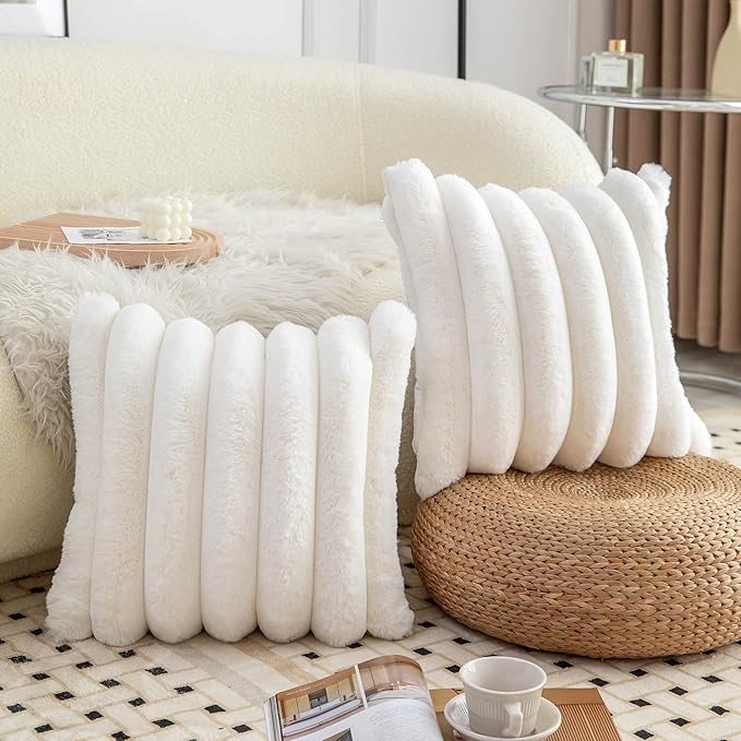 Neelvin Cream White Faux Fur Cozy Soft Striped Decorative Throw Pillow Covers 22x22 inch Set of 2,Velvet Pillowcase Cushion Case for Sofa Couch