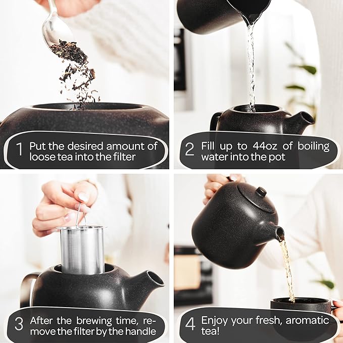 Steinzeit Design Tea Pot with Warmer (44 oz) - Premium Ceramic Teapot with Infuser for Loose Tea - Black Teapot Ceramic with Removable Steamer