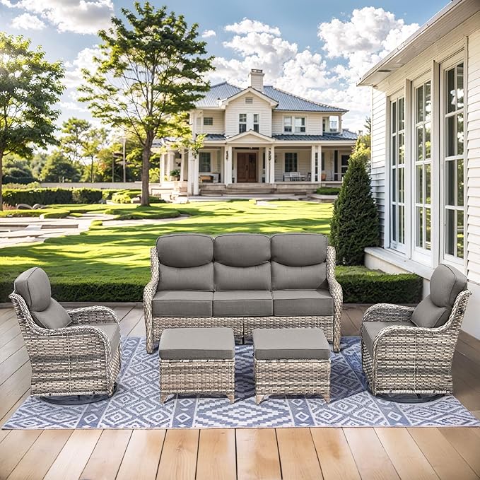 HUMMUH Wicker Patio Furniture Set 6 Inch Thick Cushion Outdoor Swivel Rocker Patio Chairs with Deep Seat Sofa 5PCS Outdoor Furniture Set for Porch Garden Deck