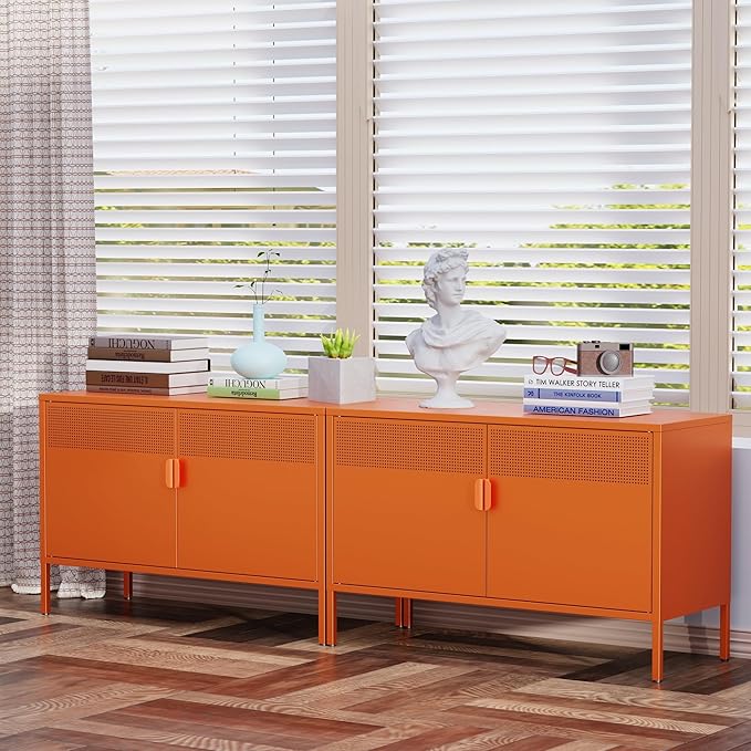 Orange Wide Metal Locker Storage Cabinet, 2 Door Metal Accent Cabinet for Home and Office, 2 Tier Low Metal Cabinet with Doors and Shelf, Multipurpose Metal Tv Stand Cabinet