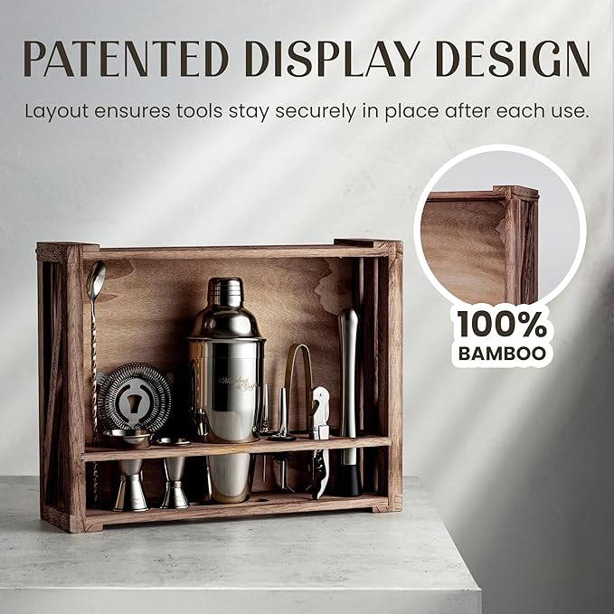 Mixology & Craft 11-Piece Cocktail Shaker Set, Bartender Kit with Stand, Stainless Steel Bar Tools, Dual Jiggers, Muddler & Pourers, Wood Display for Home Bar - Gift Ready (Gun-Metal Black)
