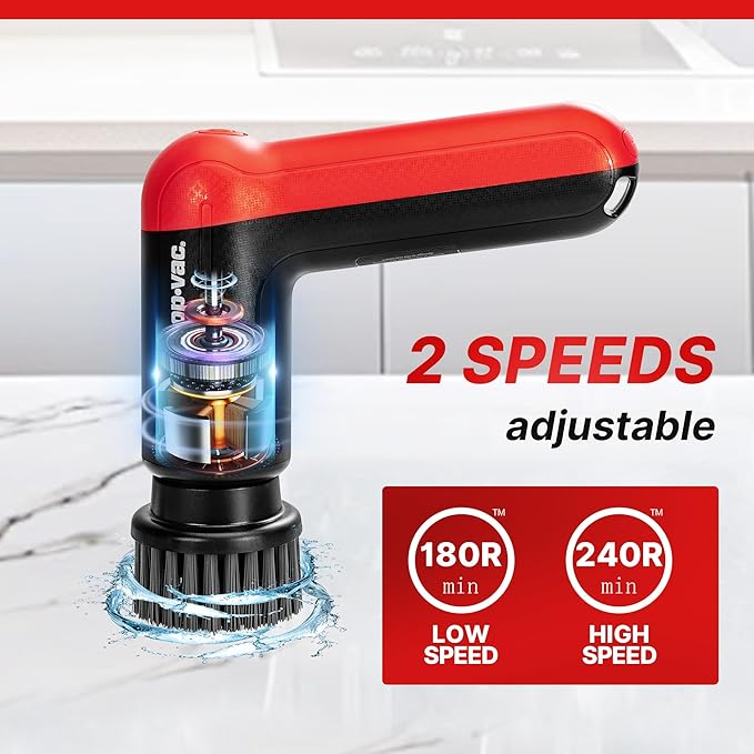 Shop-Vac Cordless Spin Scrubber, 2-Speed (180/240RPM) Electric Cleaning Brush with 5 Multi-Surface Heads, 2000mAh Battery, 60-Min Runtime, for Kitchen & Bathroom