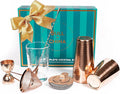 Shaken & Stirred Cocktail Set by Bull in China - Premium Bartender Gift Set w/ 2 Piece Weighted Shaker, Hammered Jigger, Hawthorne Strainer, Fine Mesh Strainer, Mixing Glass & Barspoon (Copper)
