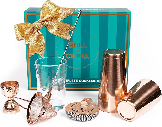 Shaken & Stirred Cocktail Set by Bull in China - Premium Bartender Gift Set w/ 2 Piece Weighted Shaker, Hammered Jigger, Hawthorne Strainer, Fine Mesh Strainer, Mixing Glass & Barspoon (Copper)