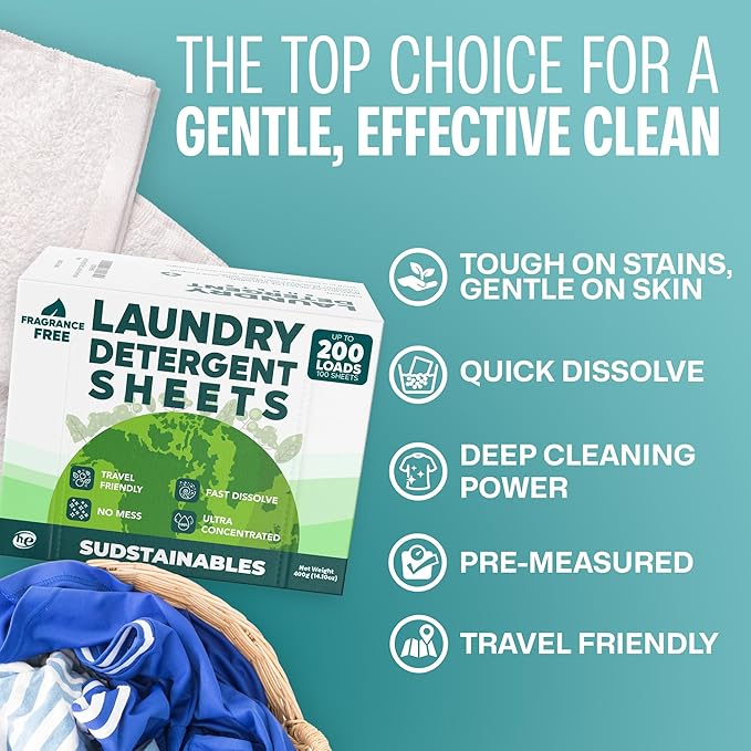 Sudstainables Laundry Detergent Sheets 200 Loads – Dissolvable Laundry Sheet for Washing Machines, Compact Alternative to Liquid & Powder Detergent, Travel-Friendly Soap | Fragrance Free