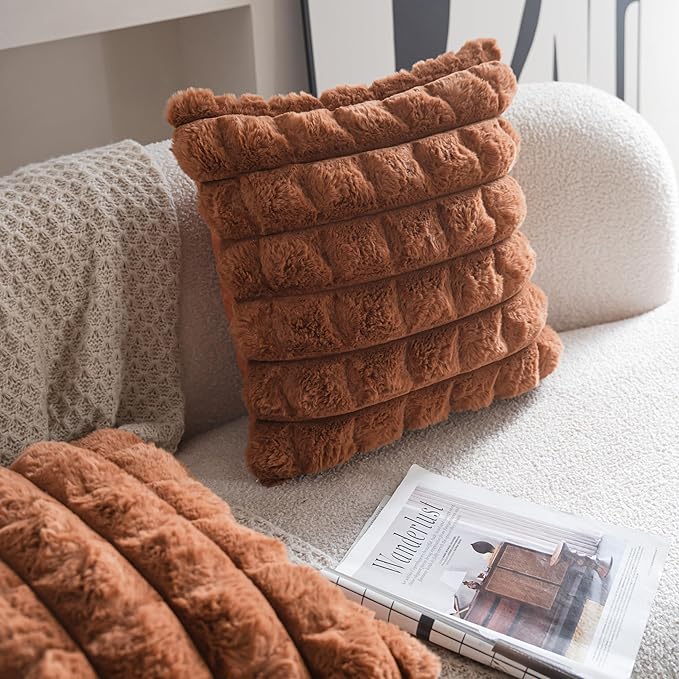 Neelvin Brown Faux Fur Cozy Soft Plaid Decorative Throw Pillow Covers 24x24 inch Set of 2,Velvet Pillowcase Cushion Case for Sofa Couch