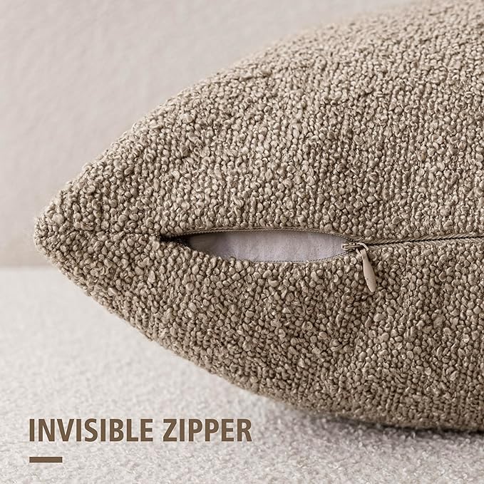 Foindtower Set of 2, Decorative Textured Boucle Throw Pillow Covers Accent Solid Pillow Cases Neutral Cozy Couch Cushion Case for Chair Sofa Bedroom Living Room Home Decor 24x24 Inch Light Khaki Tan