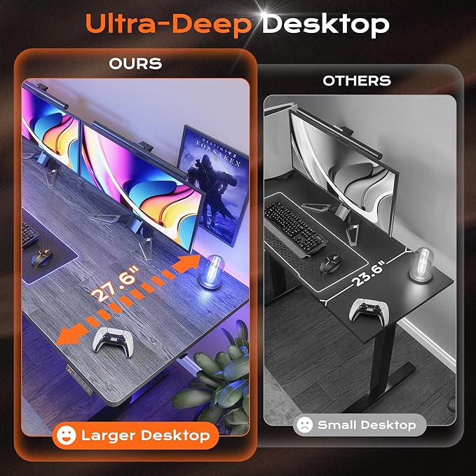 Huuger 63 x 28 Large Electric Standing Desk, Height Adjustable Computer Desk, 27.6" Deep Desktop, Stand up Gaming Office Table with 2 Hooks, 3 Preset Heights, for Home Office, Grey
