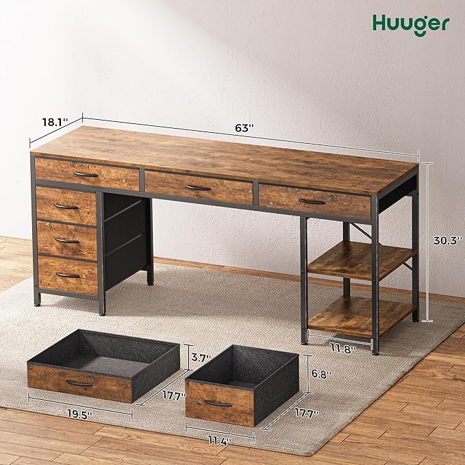 Huuger Computer Desk with 6 Drawers, 63 Inch Office Desk with Shelves, Reversible Gaming Desk, Corner Desk with Storage, for Home Office, Study, Living Room, Rustic Brown
