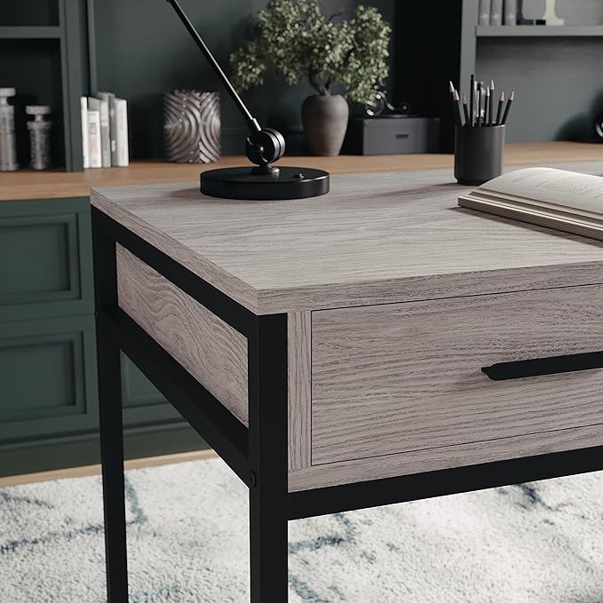 Martha Stewart Ollie Home Office Desk with 3 Drawers in Gray Wood Grain with Oil Rubbed Bronze Hardware