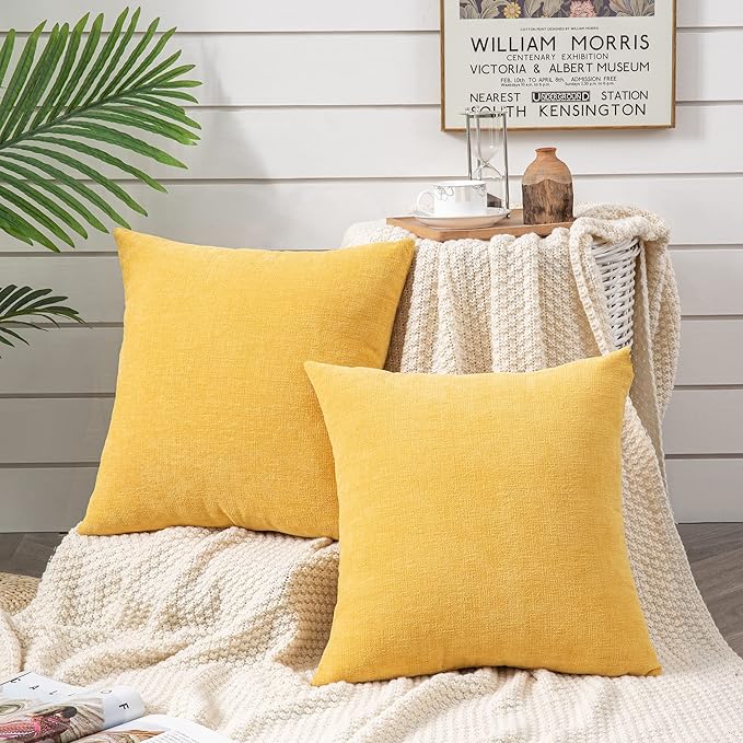 GAWAMAY Decorative Square Throw Pillow Covers 18"x18" Inch Set of 2, Super Soft Chenille Pillows Farmhouse Fall Pillowcase for Living Room Bedroom Sofa Couch Cushion Cover Mustard Yellow 45x45cm