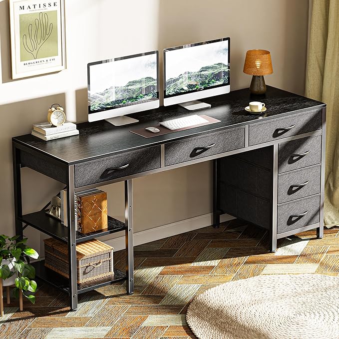 Huuger Computer Desk with 6 Drawers, 54 Inch Office Desk with Shelves, Reversible Gaming Desk, Corner Desk with Storage, Work for Home Office, Study, Living Room, Black