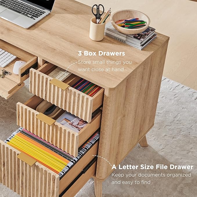 T4TREAM 60'' Fluted Executive Desk with Drawers, Modern Home Office Computer Desk with Charging Station, Keyboard Tray, File Drawer and Storage Cabinet for Study, Living Room, Bedroom, Natural Oak