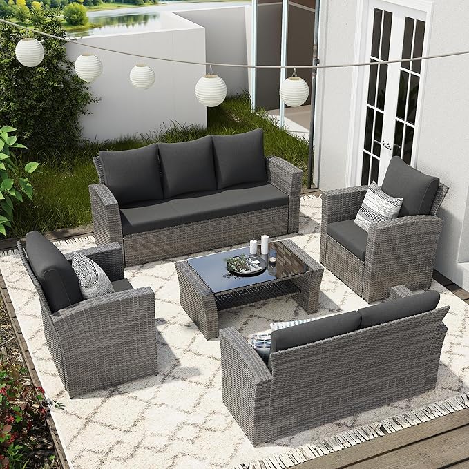 Wisteria Lane 5 Piece Patio Furniture Set, Wicker Outdoor Patio Conversation Furniture Set, All Weather Outdoor Patio Sofa with Cushion and Glass Table, Dark Grey