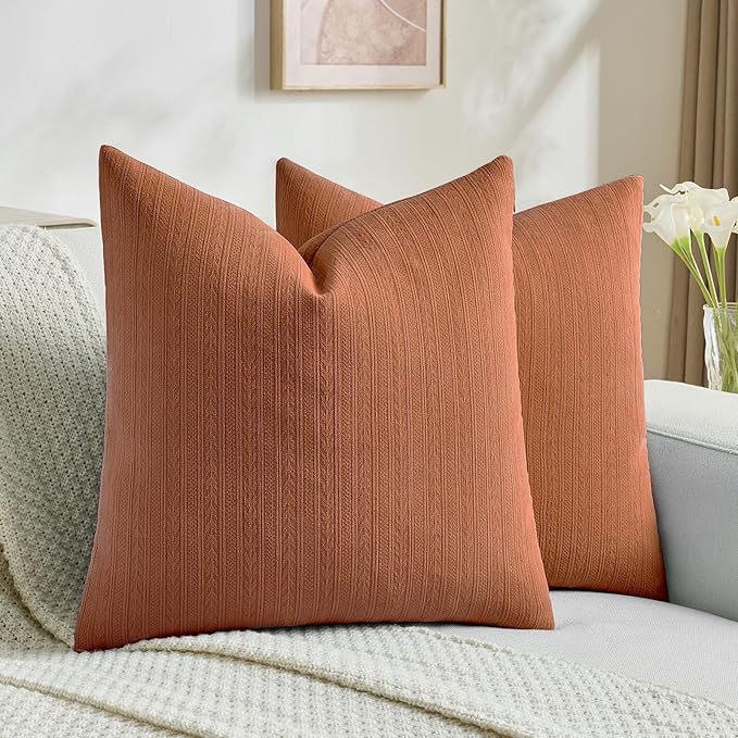 FUTEI Rust Decorative Throw Pillow Covers 18x18 Inch Set of 2,Soft Cozy Wheat Ear Striped Patterns Cushion Cases,Modern Home Decor for Couch Bed Living Room