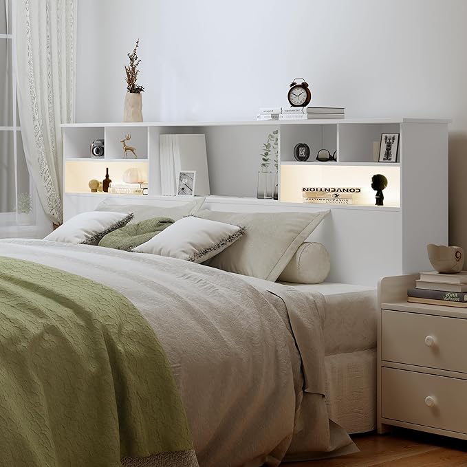 King Size Headboard for Bedroom, Stylish Bookcase Headboard with Built-in Charging Station & 2 LED Lights, Engineered Wood Headboards, Noise-Free HeadBoard King Size with Storage, White
