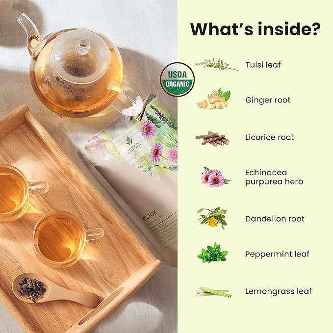 Organic Dandelion Root Detox Loose Leaf Tea, Herbal, Caffeine-Free, KSA Kosher, Ayurvedic with Lemongrass, Peppermint, Echinacea – 4 oz (1 Pack)