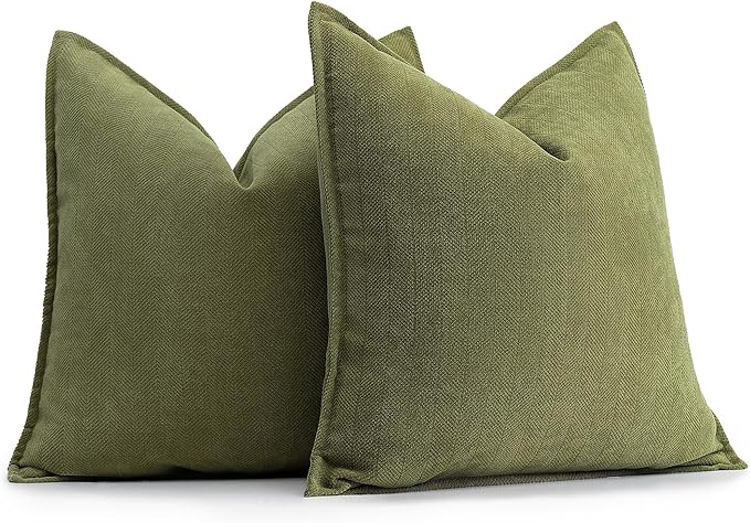 ZWJD Olive Green Pillow Covers 20x20 Set of 2 Chenille Throw Pillow Covers with Elegant Design Soft and Luxurious Decorative Throw Pillows for Couch, Bed, and Home Decor