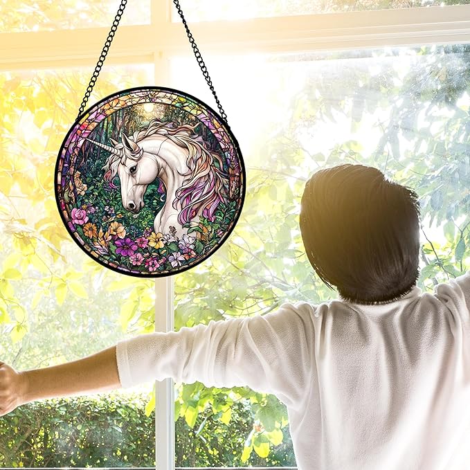 Stained Glass Window Hanging, Unicorn Flowers Suncatcher for Doors Home Sun Catchers Decoration and Christmas, Mother's Day Birthday Gifts for Women, Men, and Mom 9.8 in
