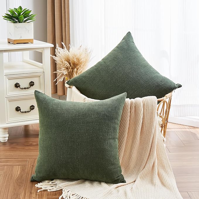 GAWAMAY Decorative Square Throw Pillow Covers 20"x20" Inch Set of 2, Super Soft Chenille Pillows Farmhouse Pillowcase for Living Room Bedroom Sofa Couch Cushion Cover Dark Green 50x50cm (No Insert)