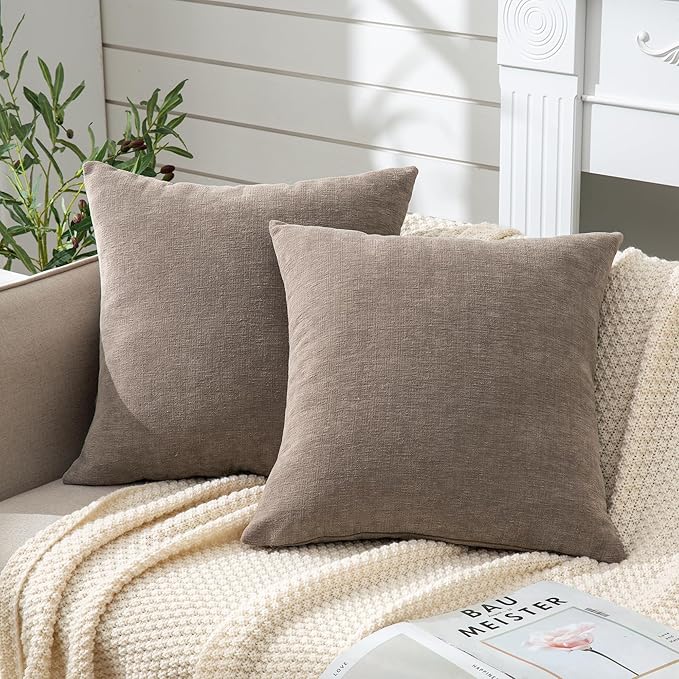 GAWAMAY Decorative Chenille Throw Pillow Covers 26x26 Inch Pack of 2, Soft Square Couch Pillow Cover for Sofa Cushion Living Room Bedroom Oversized Pillowcases Taupe Grey 66x66cm (ONLY Covers)