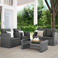 Wisteria Lane 4 Piece Patio Furniture Set, Wicker Outdoor Patio Conversation Furniture Set, All Weather Outdoor Patio Sofa with Cushion and Glass Table, Dark Grey