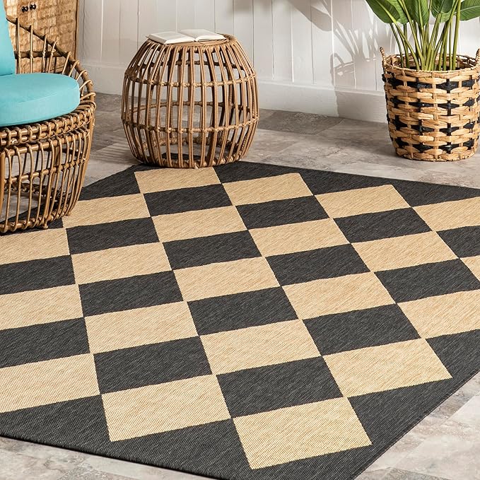 nuLOOM 7' Square Outdoor Performance Area Rug, Stain Resistant, Weather Resistant, High Traffic, Patio, Balcony, Outside, Sabina Dark Grey