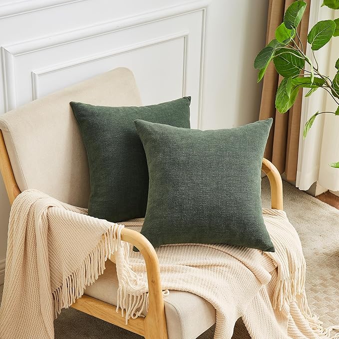 GAWAMAY Decorative Square Throw Pillow Covers 20"x20" Inch Set of 2, Super Soft Chenille Pillows Farmhouse Pillowcase for Living Room Bedroom Sofa Couch Cushion Cover Dark Green 50x50cm (No Insert)