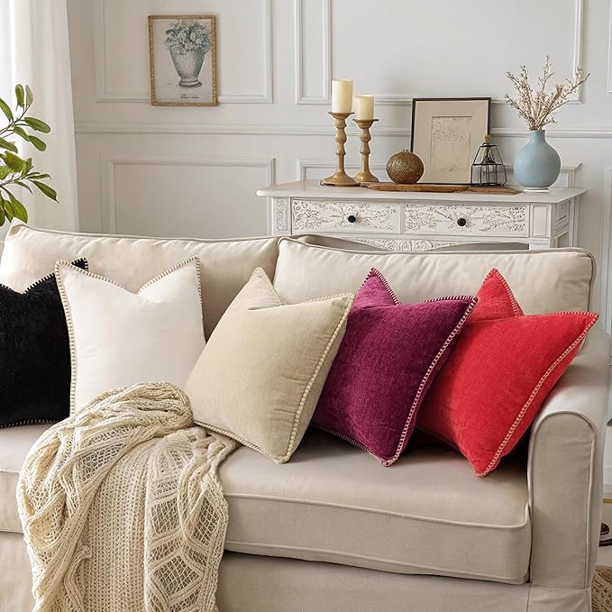 decorUhome Christmas Chenille Soft Throw Pillow Covers 20x20 Set of 2, Farmhouse Velvet Neutral Decorative Euro Pillow Covers with Stitched Edge for Couch Sofa Bed Home Decor, Rhododendron