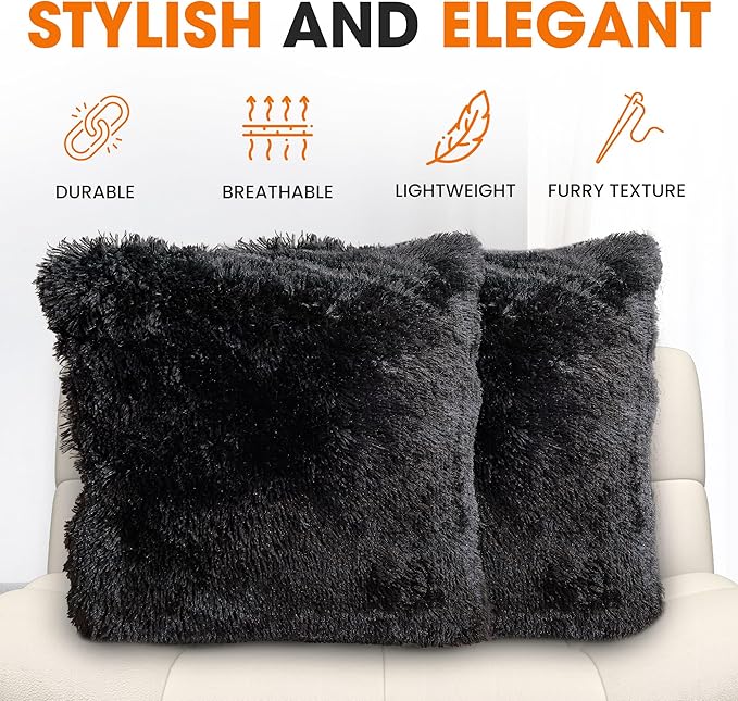 Cheer Collection Throw Pillows for Couch and Bed, Soft Shaggy Throw Pillows with Inserts Included, Cozy Long Hair Faux Fur Pillows - Set of 2-24" x 24" Black