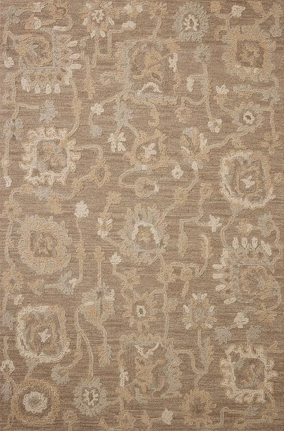 Loloi Chris Loves Julia Dorothea Collection DRT-01 Bark/Stone 8'-6" x 11'-6" Area Rug Wool Neutral Floral Living Room Bedroom Carpet
