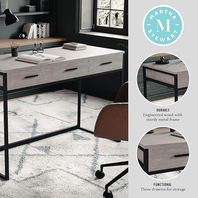 Martha Stewart Ollie Home Office Desk with 3 Drawers in Gray Wood Grain with Oil Rubbed Bronze Hardware