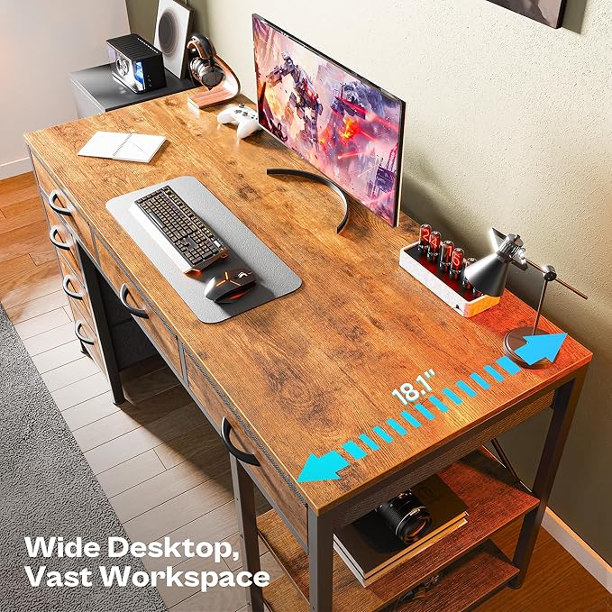 Huuger Computer Desk with 6 Drawers, 47 Inch Office Desk with Shelves, Reversible Gaming Desk, Corner Desk with Storage, Work for Home Office, Study, Living Room, Rustic Brown