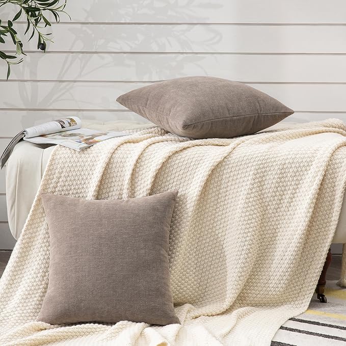 GAWAMAY Decorative Chenille Throw Pillow Covers 26x26 Inch Pack of 2, Soft Square Couch Pillow Cover for Sofa Cushion Living Room Bedroom Oversized Pillowcases Taupe Grey 66x66cm (ONLY Covers)
