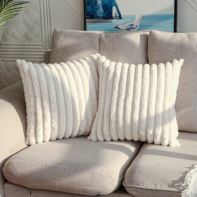 DEELAND Pack of 2 Faux Fur Plush Decorative Throw Pillow Covers Fuzzy Striped Soft Pillowcase Cushion Covers for Sofa Couch Bedroom 20x20 inch