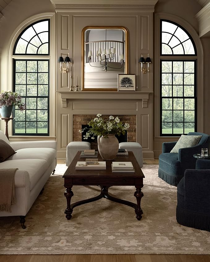 Loloi Chris Loves Julia Dorothea Collection DRT-02 Khaki/Dove 5'-0" x 7'-6" Area Rug Wool Neutral Floral Living Room Bedroom Carpet