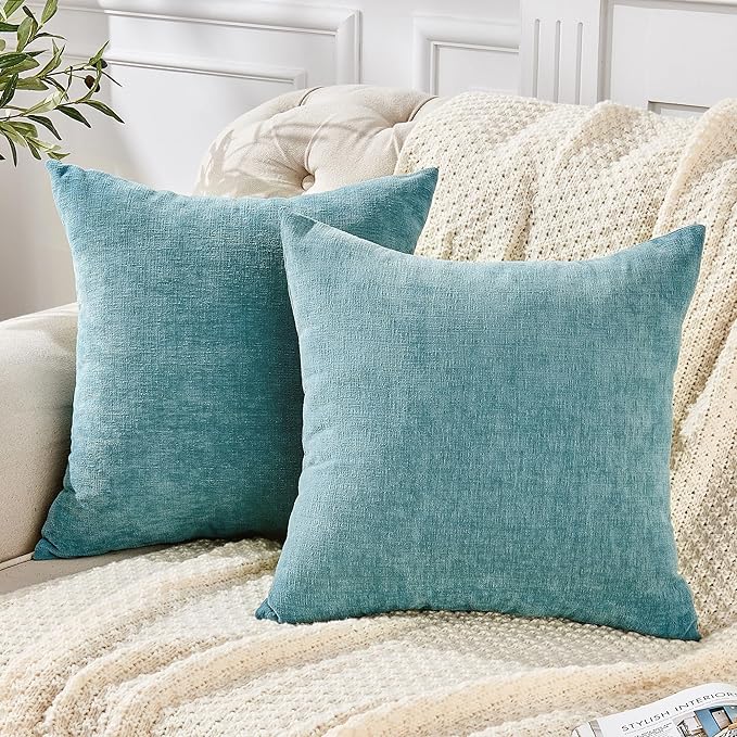 GAWAMAY Decorative Square Throw Pillow Covers 20"x20" Inch Set of 2, Super Soft Chenille Pillows Farmhouse Fall Pillowcase for Living Room Bedroom Sofa Couch Cushion Cover Smoke Blue 50x50cm