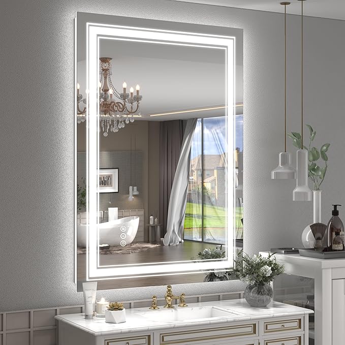 24x36 LED Bathroom Mirror with Lights, LED Dimmable Vanity Mirror for Wall, Backlit and Front Lighted Mirror, Anti-Fog, Shatterproof (Horizontal/Vertical)