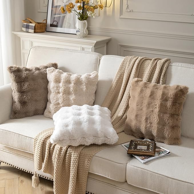 Pack of 2 Thick Plush Throw Pillow Covers Fluffy Wave Faux Fur Decorative Cushion Covers Soft Wool Pillowcase for Sofa Couch Livingroom 16x16 Inch Taupe