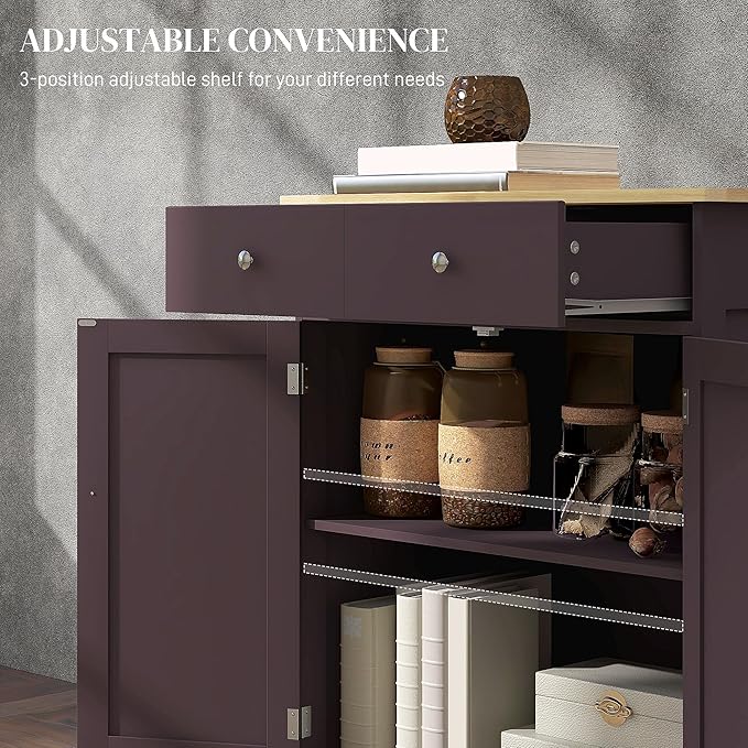 HOMCOM Sideboard with Solid Wood Countertop, Modern Kitchen Storage Cabinet, Coffee Bar Cabinet with 2 Drawers, Doors and Adjustable Shelf, Coffee