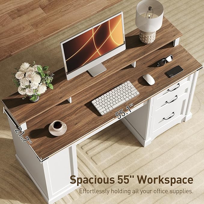 55'' Farmhouse Executive Desk with Drawers, Computer Desk with File Cabinet and Side Bookshelf, Writing Gaming Desk with Monitor Stand & Charging Station, White and Walnut