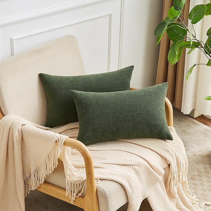 GAWAMAY Decorative Rectangle Throw Pillow Covers Lumbar Support Pillow 12"x20" Inch Set of 2, Soft Chenille Pillowcase for Living Room Bedroom Sofa Couch Cushion Cover Dark Green 30x50cm (No Insert)