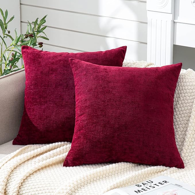 GAWAMAY Decorative Square Throw Pillow Covers 20"x20" Inch Set of 2, Super Soft Chenille Pillows Farmhouse Fall Pillowcase for Living Room Bedroom Sofa Couch Cushion Cover Burgundy Red 50x50cm