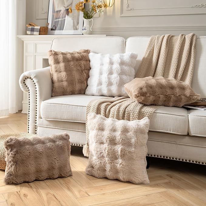 Pack of 2 Thick Plush Throw Pillow Covers Fluffy Wave Faux Fur Decorative Cushion Covers Soft Wool Pillowcase for Sofa Couch Livingroom 20x20 Inch Camel
