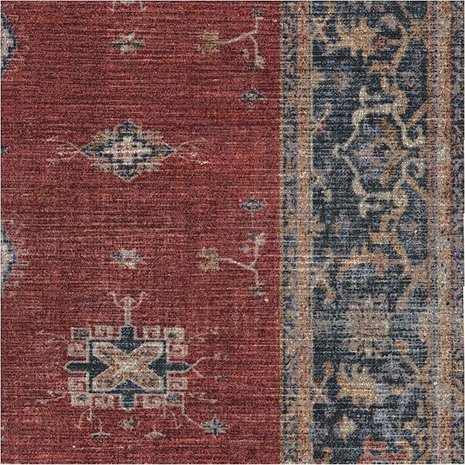 RUGGABLE Washable Vintage Area Rug – Verena Amber Red 8x10, Stain-Resistant, Non-Slip – Large Machine Washable Rugs for Living Room, Bedroom, Hallway, Entryway & Office–with Cushioned Pad