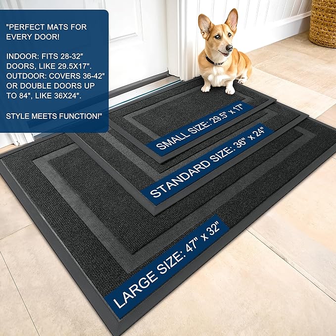 OLANLY Front Door Mat Indoor Outdoor Entrance, Waterproof All-Season, All-Weather Doormat, Sturdy Natural Rubber, Fade Resistant, Low Profile, Easy Clean Patio Porch Entryway Mat, 23.5x15.5, Black