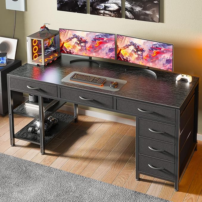 Huuger Computer Desk with 6 Drawers, 54 Inch Office Desk with Shelves, Reversible Gaming Desk, Corner Desk with Storage, Work for Home Office, Study, Living Room, Black